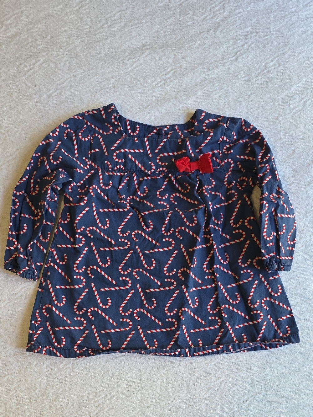 Navy Long-Sleeve with Red Candy Cane Print and Red Bow 18 Months
